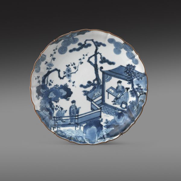 Arita blue and white plate with a Chinese garden with scholars
