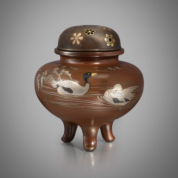 Inlaid bronze incense burner with ducks in snow