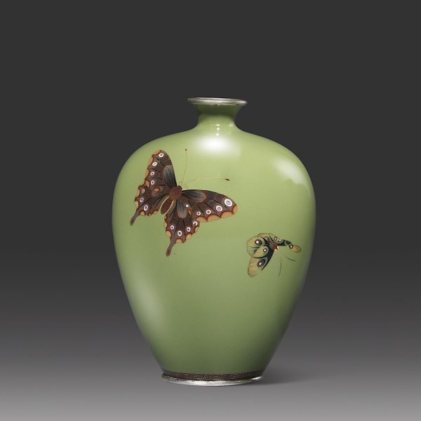 Olive green cloisonné enamel vase with butterflies