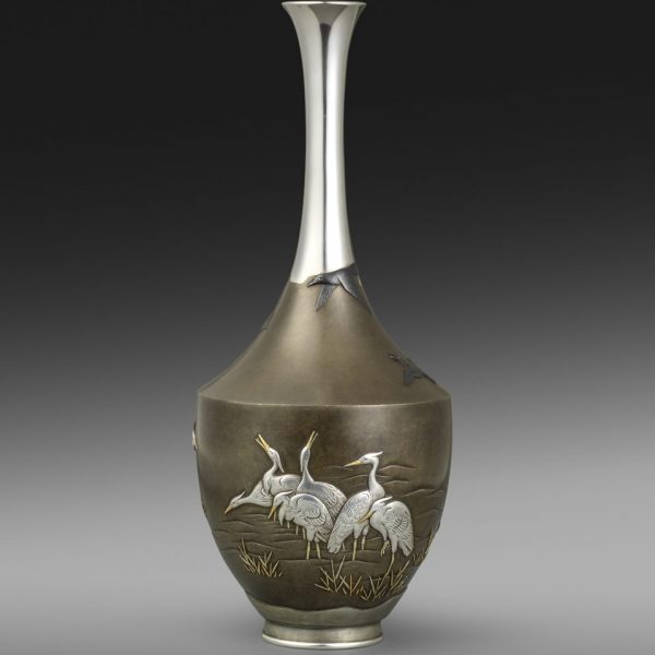 Inlaid silver and shibuichi vase with egrets and crows