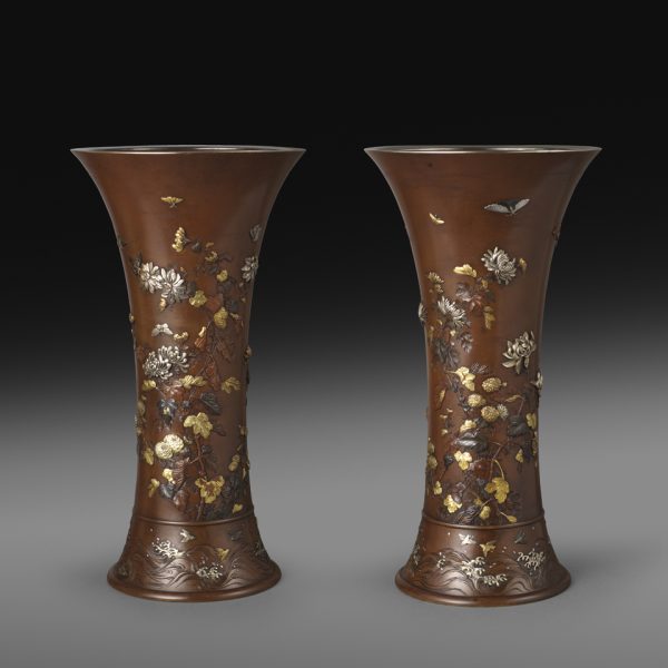 Pair of inlaid bronze vases with chrysanthemums