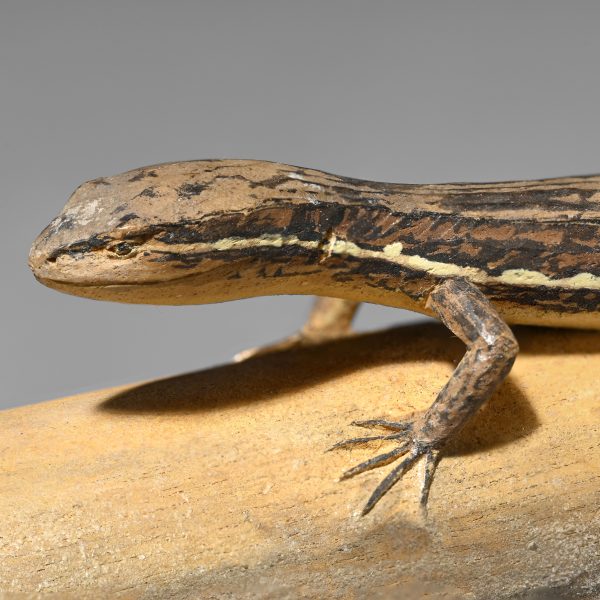 Wood okimono of a lizard on bamboo