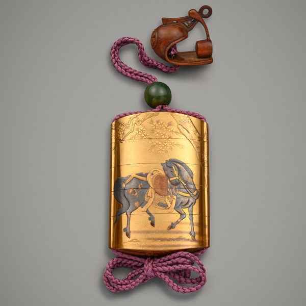 Gold lacquer inrō with a caparisoned horse under cherry