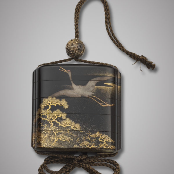 Lacquer inrō with hawk and crane in flight