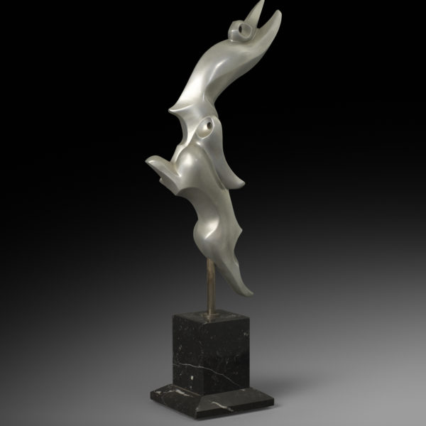 Rare aluminium okimono of stylized rabbits jumping
