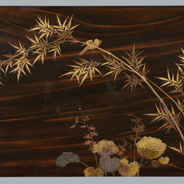 Lacquer panel with a sparrow on bamboo