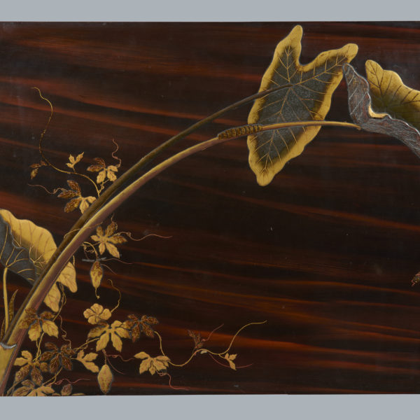 Lacquer panel with a wasp and a worm on satoimo (yam leaf)