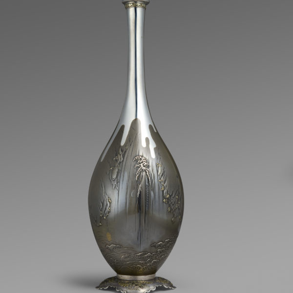 Inlaid silver and shibuichi vase with carp in waterfall