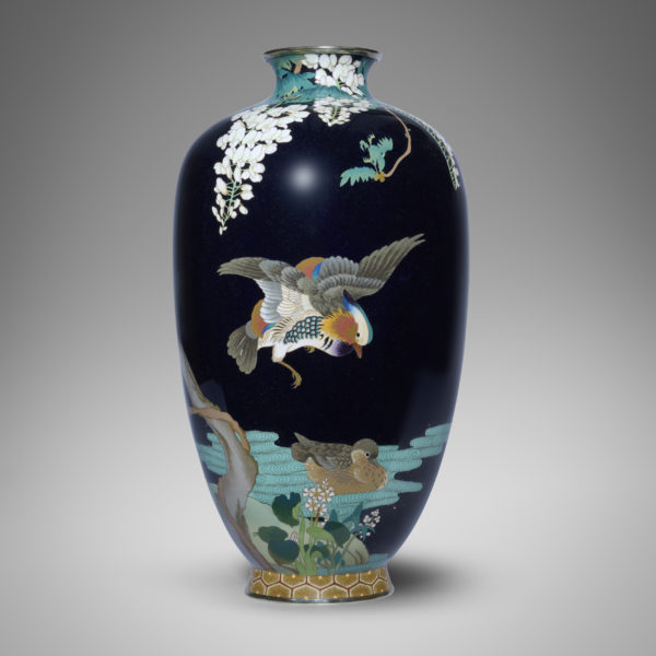 Enamel vase with mandarin ducks and wisteria