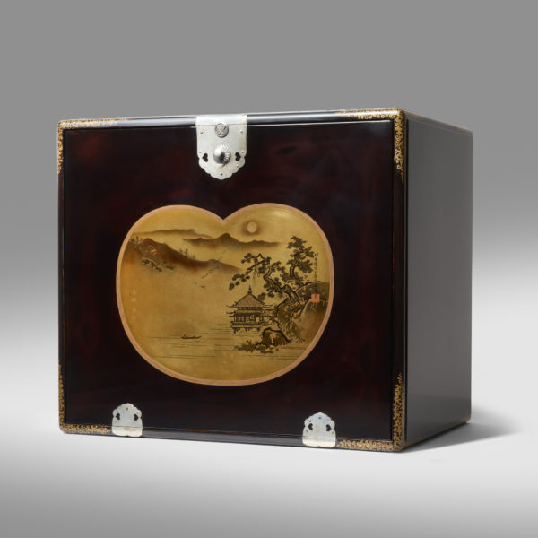 Black lacquer inrō cabinet with Ōmi hakkei landscapes with a collection of fifteen inrō