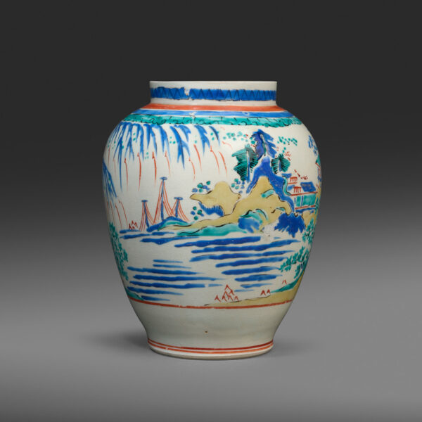 Kakiemon porcelain jar with a fishing village