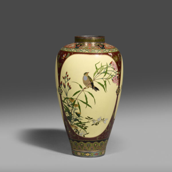 Cloisonné enamel vase with birds and flowers by Namikawa Yasuyuki