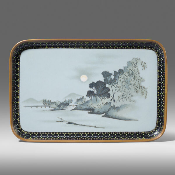 Cloisonné enamel tray with a river scene