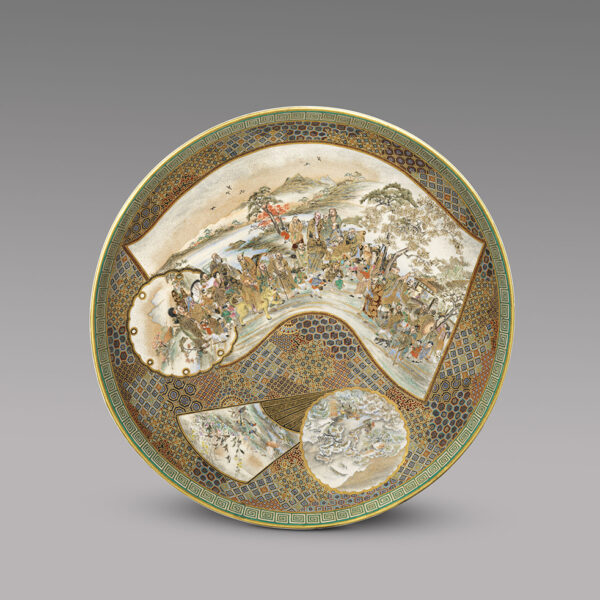 Large Satsuma plate with arhats and travellers