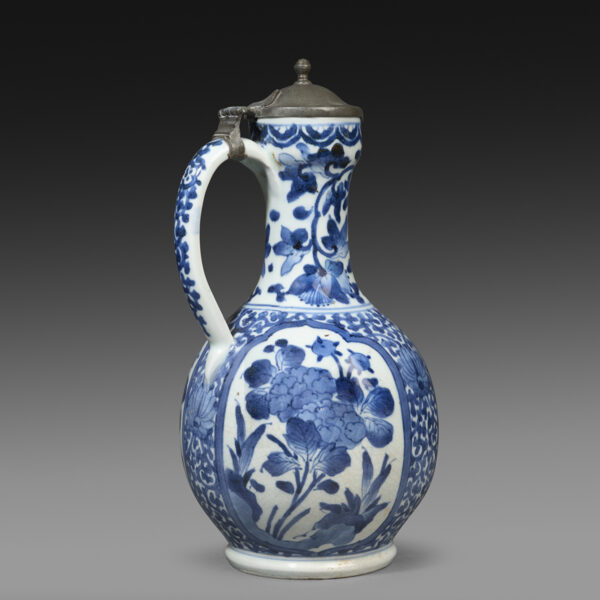 Arita blue and white porcelain ewer with Dutch pewter cover