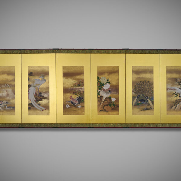 Six fold screen with birds