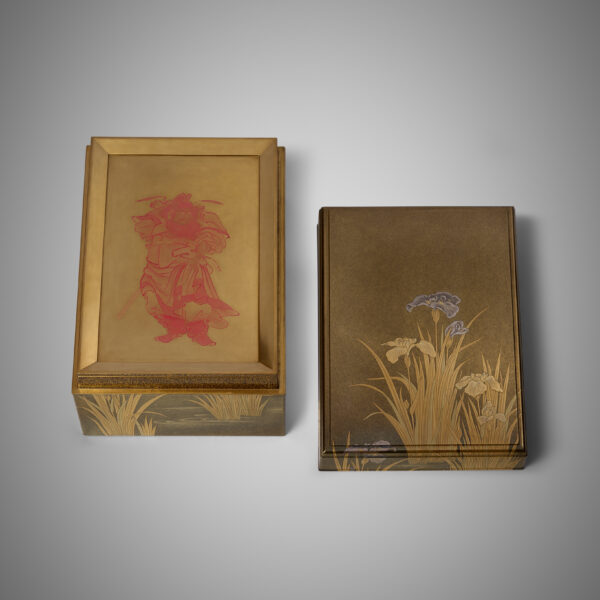 Gold lacquer box with irises and Shōki