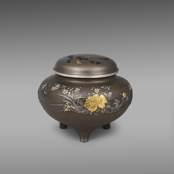 Inlaid shibuichi incense burner with peony, lily, quince and butterfly