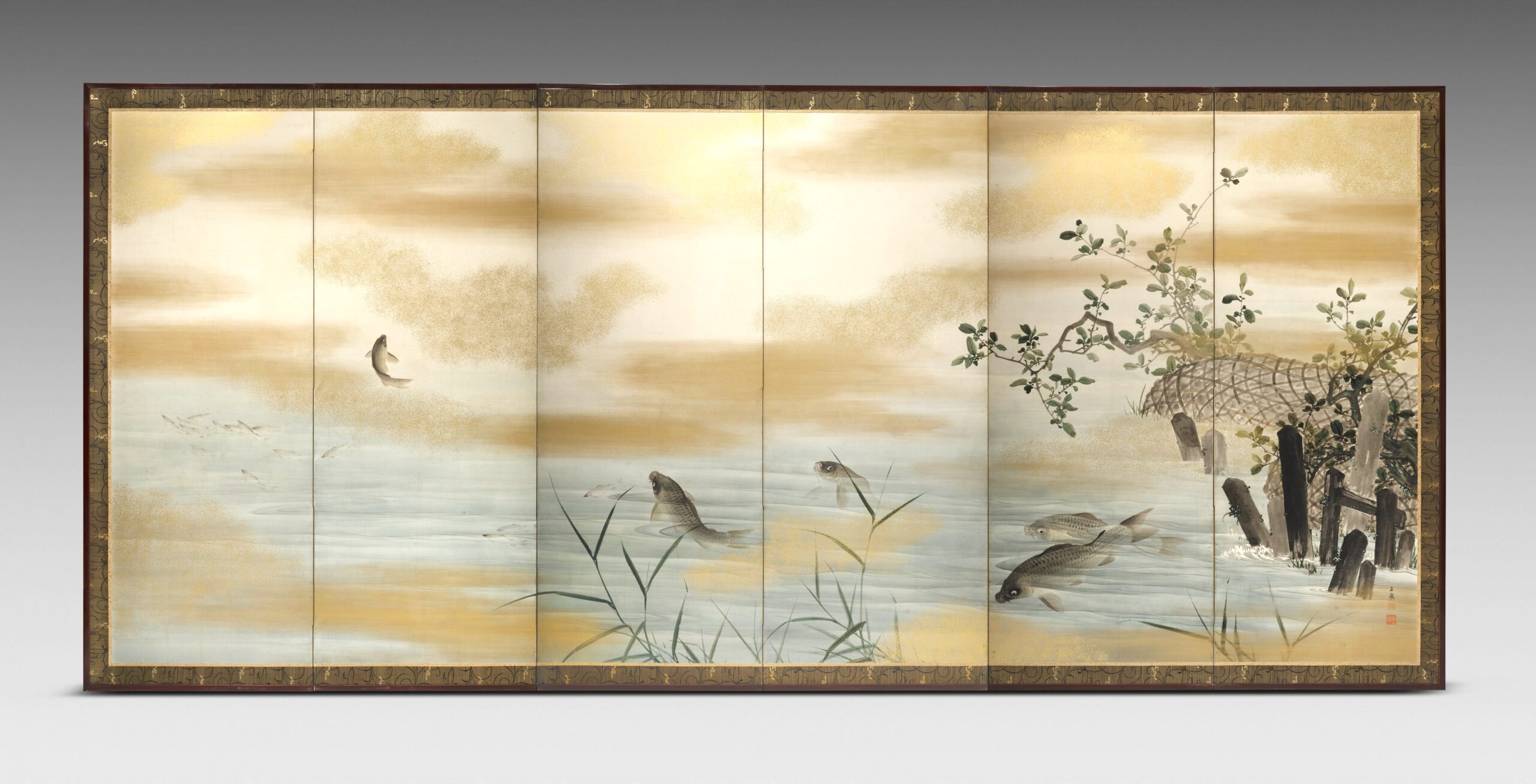 真作/白嶺/柳下翡翠図/カワセミ図/鮎/花鳥/魚/絹表装/布袋屋掛軸A-245 真作/白嶺/柳下翡翠図/カワセミ図/鮎/花鳥/魚/絹表装/布袋屋掛軸